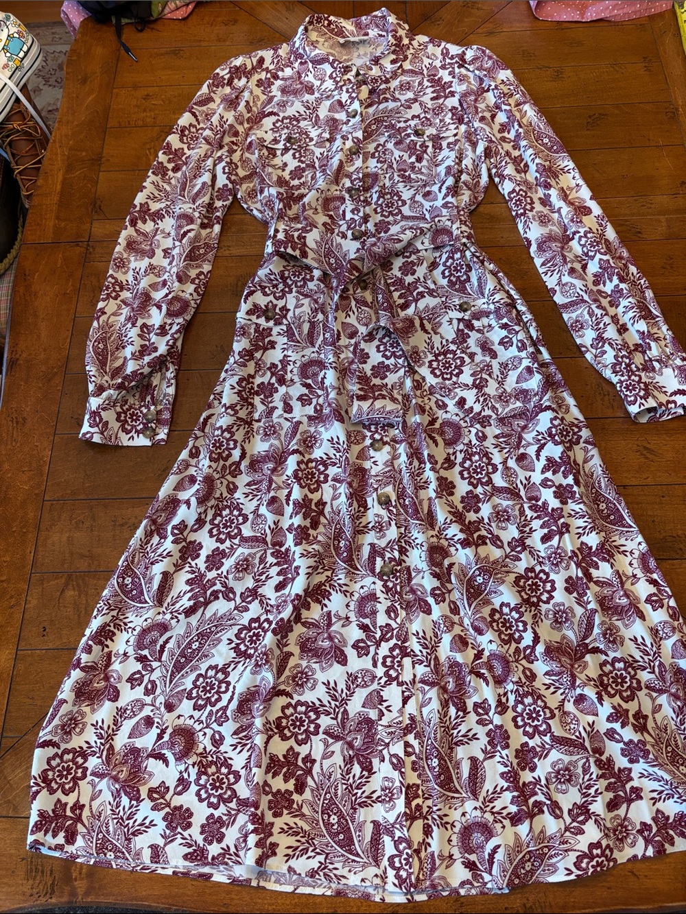 Sezane Button-Front, Midi Dress in Burgundy and White